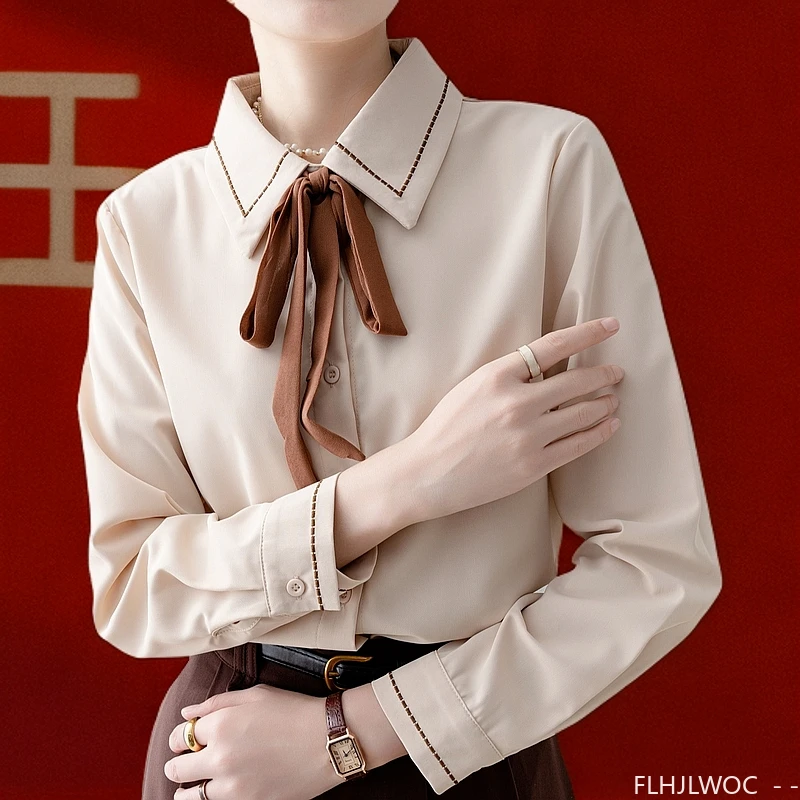 Women Formal Wear White Shirt - ربطة القوس فيونكة رسمية ربيعية أساسية