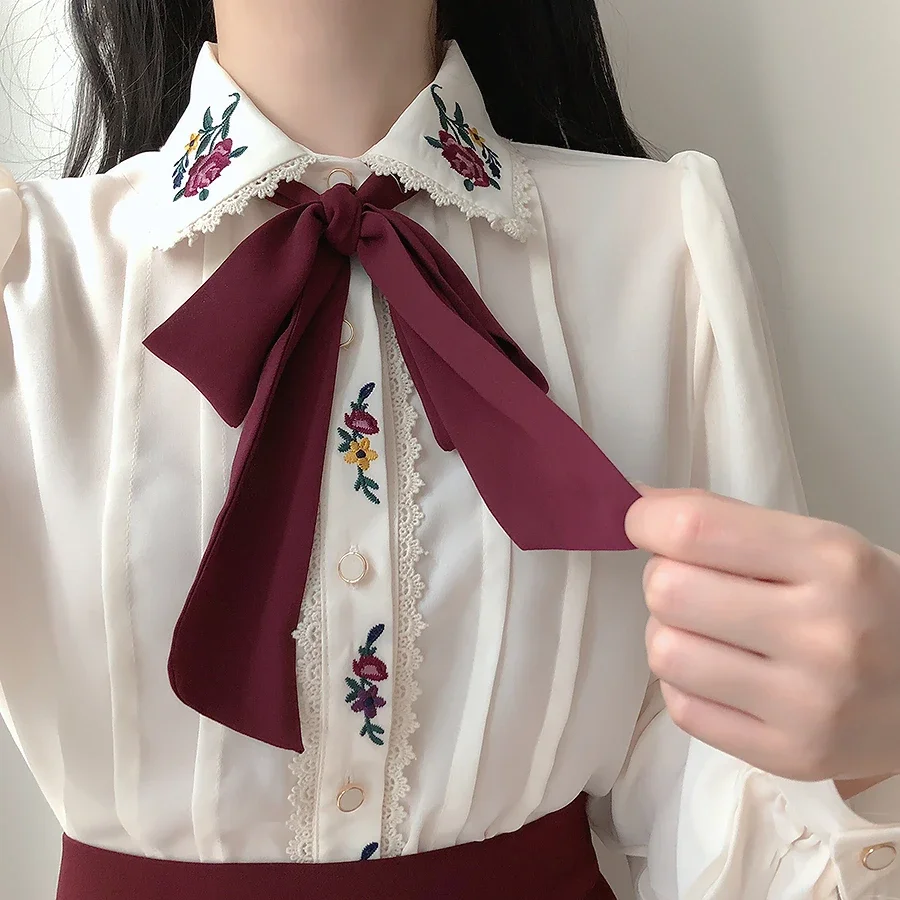 Women Formal Wear White Shirt - الرجعية خمر التطريز ربطة القوس فيونكة