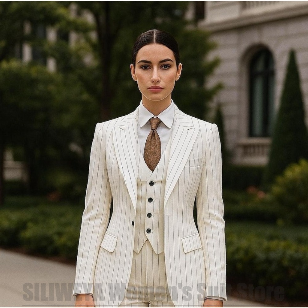 Women Formal Wear White Shirt - بدلة نسائية بيضاء مخططة من 3
