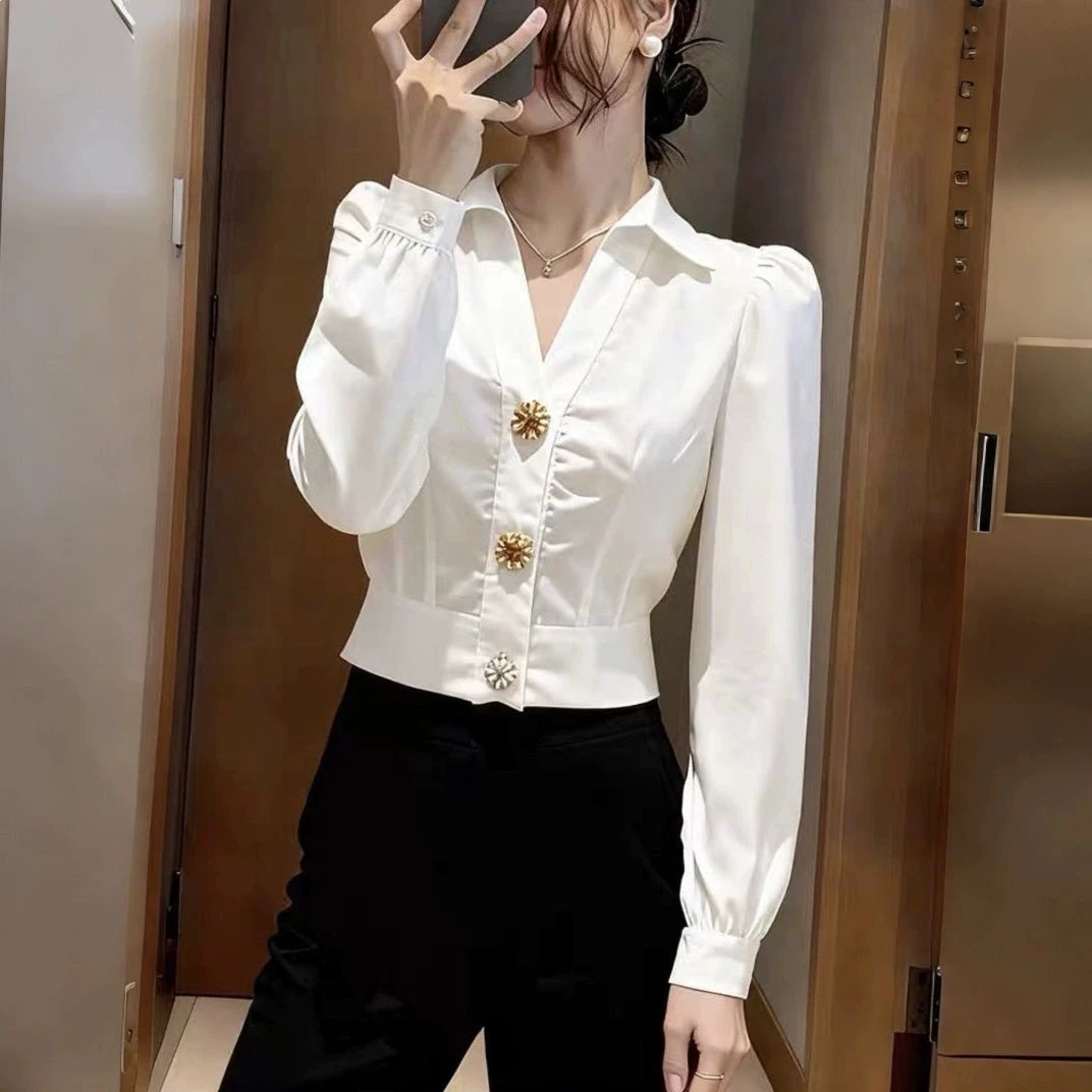 قميص أبيض أنيق برقبة على شكل V - مراجعة Women Formal Wear White Shirt وسعره