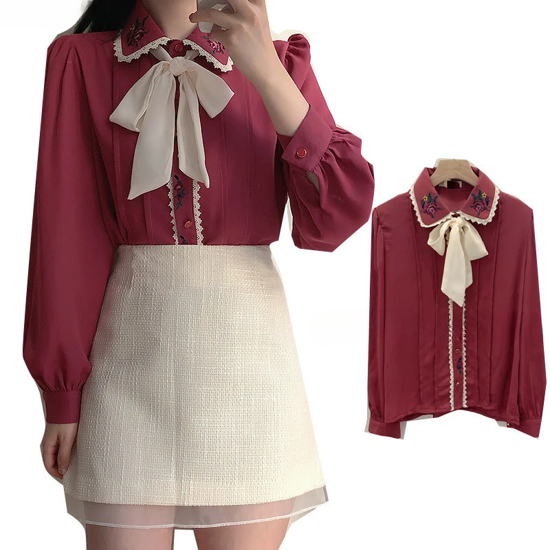 الرجعية خمر التطريز ربطة القوس - مراجعة Women Formal Wear White Shirt وسعره