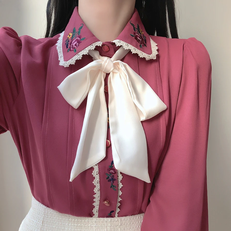 الرجعية خمر التطريز ربطة القوس - مراجعة Women Formal Wear White Shirt وسعره